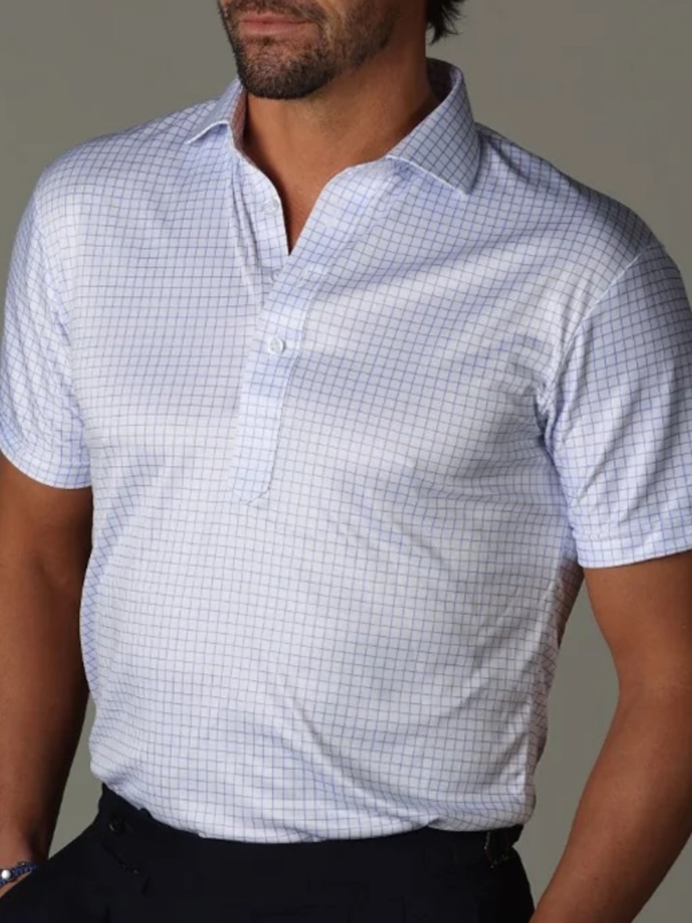 Collars & Co. Men's Semi-Spread Collar Polo - thin blue check